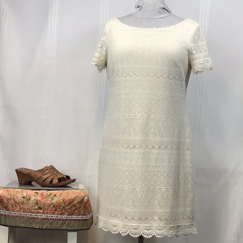 🤍 London Times Cream Lace Bateau Neckline Knee Length Sheath Dress Sz.14 - Picture 9 of 9